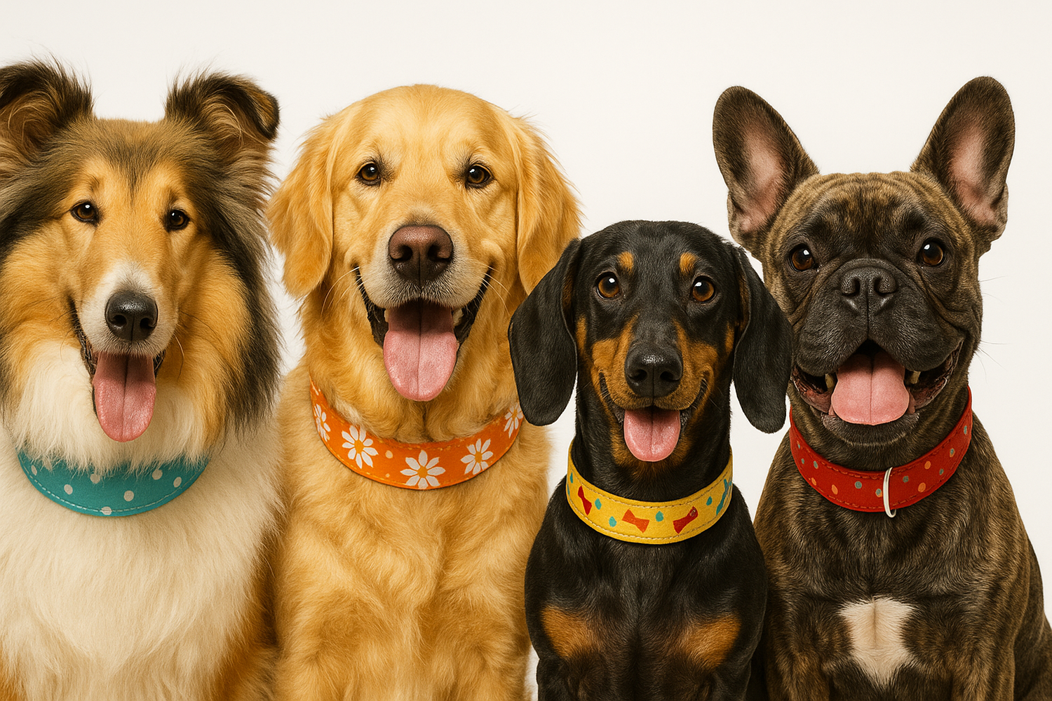 Four dogs of different breeds wearing different cheerful collars. The dogs are looking to the camera and have their tongues out showing happiness. Hyper realistic style, white background, image ratio 16:9.